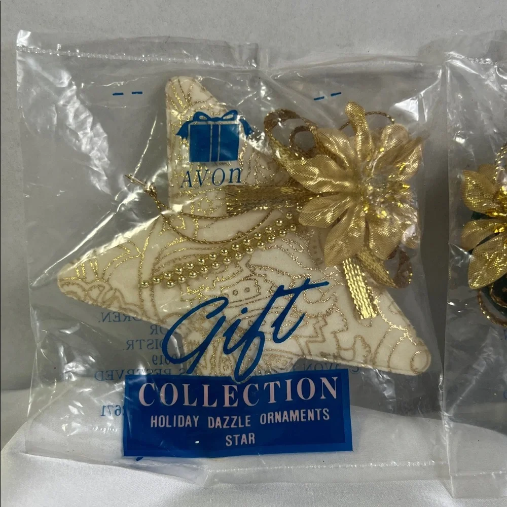 Vintage 1995 Avon‎ Gold and Green Dazzle Ornaments Set Bell & Star Old Stock